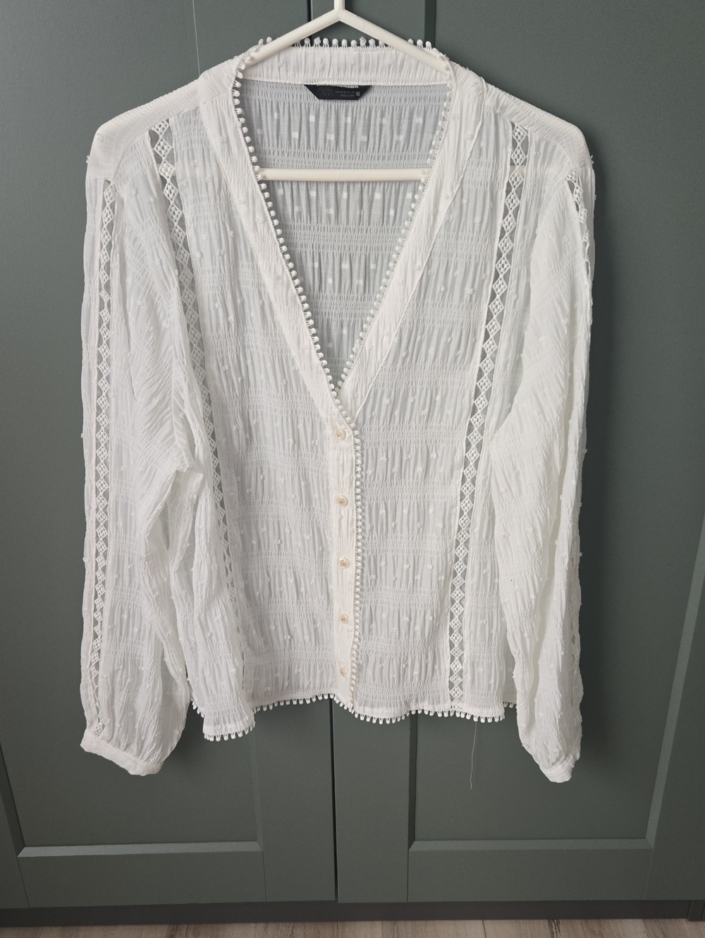 Zara White Button-Front Crochet Trim Blouse